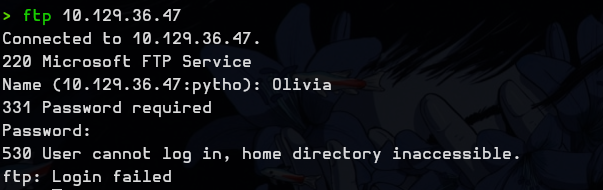FTP login attempt with Olivia's credentials failing