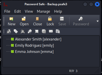 Three stored user entries inside the safe