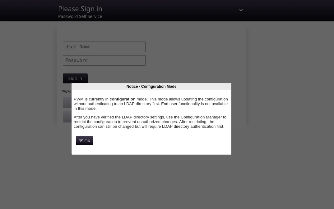 PWM sign in page in configuration mode