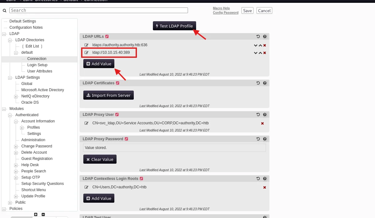 Adding our LDAP URL and running Test LDAP Profile