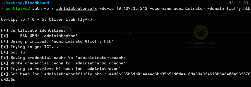 Authenticating with the certificate to get the NT hash