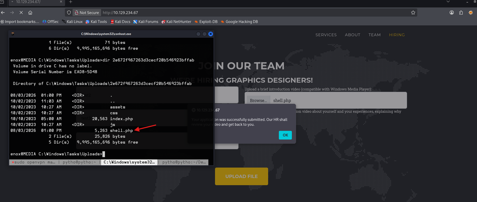 Uploading the web shell through the submission form
