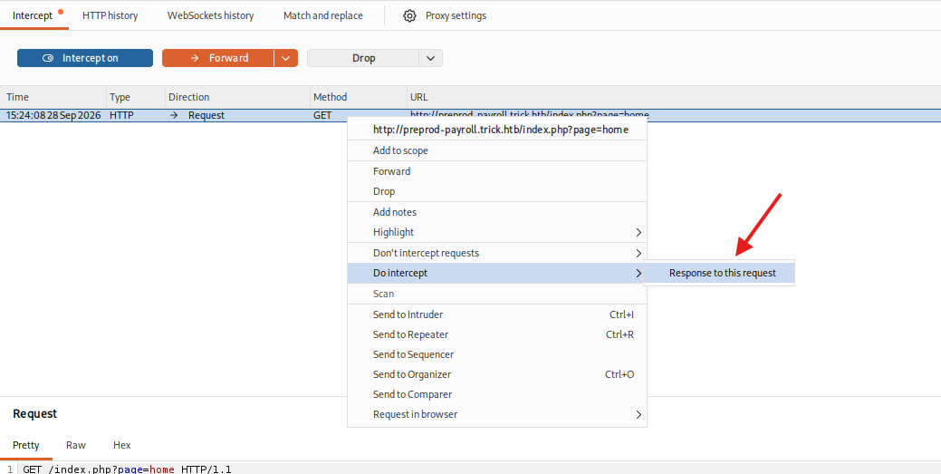 Intercepting the 302 response in Burp Suite