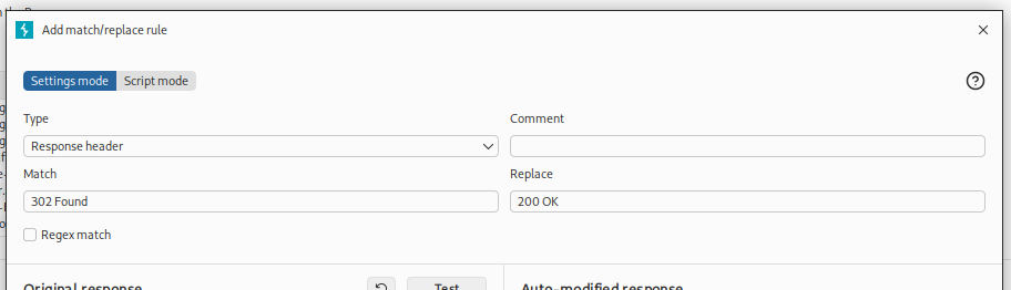 Burp match and replace rule rewriting 302 to 200