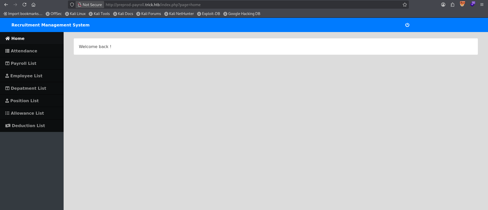 The payroll panel fully loaded after the redirect bypass