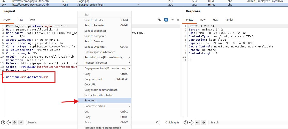 Saving the login POST request in Burp