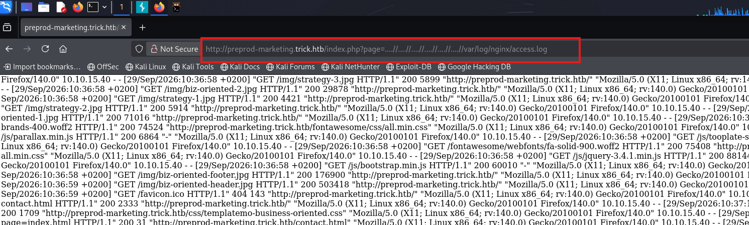 Reading the Nginx access log through the LFI